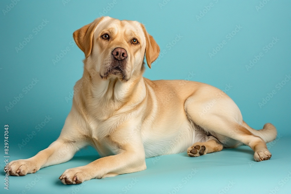 Full body studio portrait of a beautiful dog. The dog is lying down and looking up over a background of pastel shades, radiating charm and playfulness. Full body studio portrait of a beautiful dog. The dog is lying down and looking up over a background of pastel shades, radiating charm and playfulness.