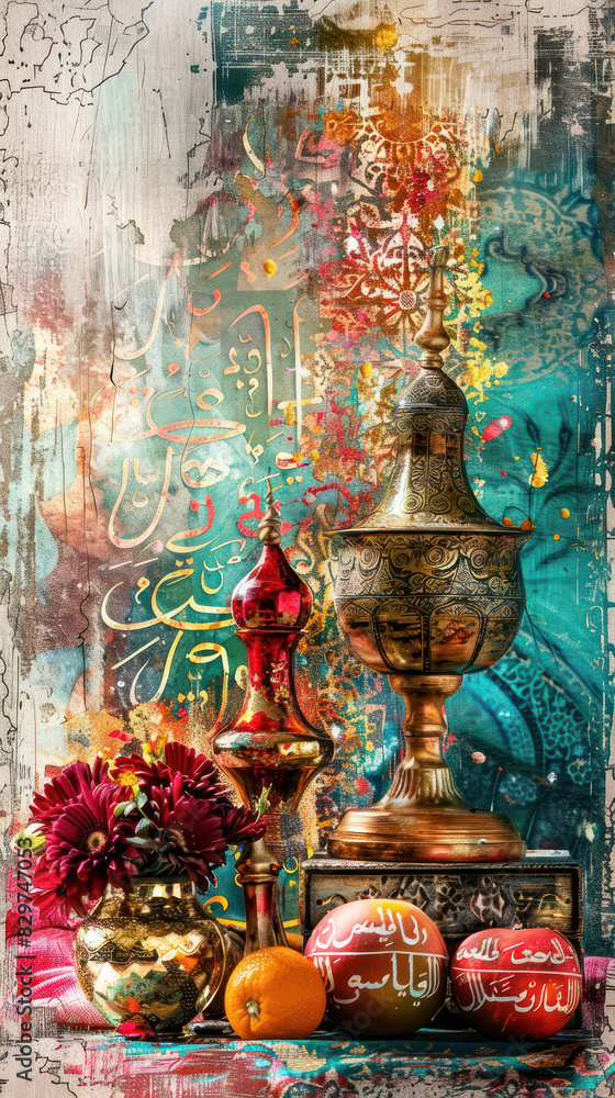 Fototapeta premium Eid Decorations with Calligraphy Composition, Eid feast, Islamic celebration, Family feast.
