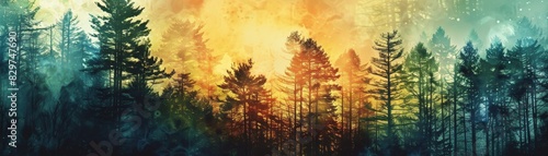 Stunning watercolor painting of a forest at sunrise, vibrant colors create a serene and majestic atmosphere. Perfect for wall art and home decor. #829747690