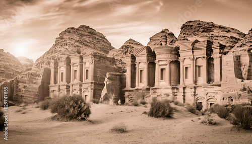 the desert landscape hosts the enchanting ruins of a lost temple nestled amidst rocky formations, conjuring a nostalgic aura of fantasy