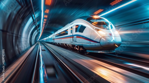 A high-speed train traveling through a modern urban tunnel system, showcasing the integration of rail infrastructure with city planning. © Plaifah