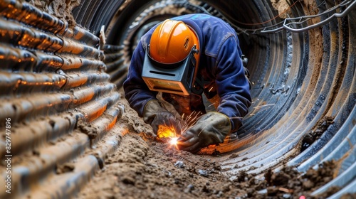 A worker wearing protective gear carefully welding two metal ducts together. photo