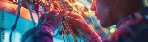 Technician working on intricate wiring and connection in a vibrant, colorful, and futuristic technology setting.