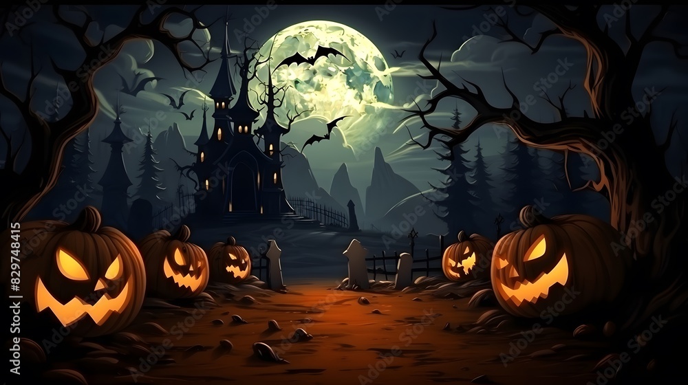 Fototapeta premium Halloween background with scary pumpkins, haunted house and full moon. Generative AI.