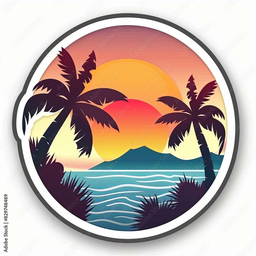 summer vector sticker with palm trees on the beach