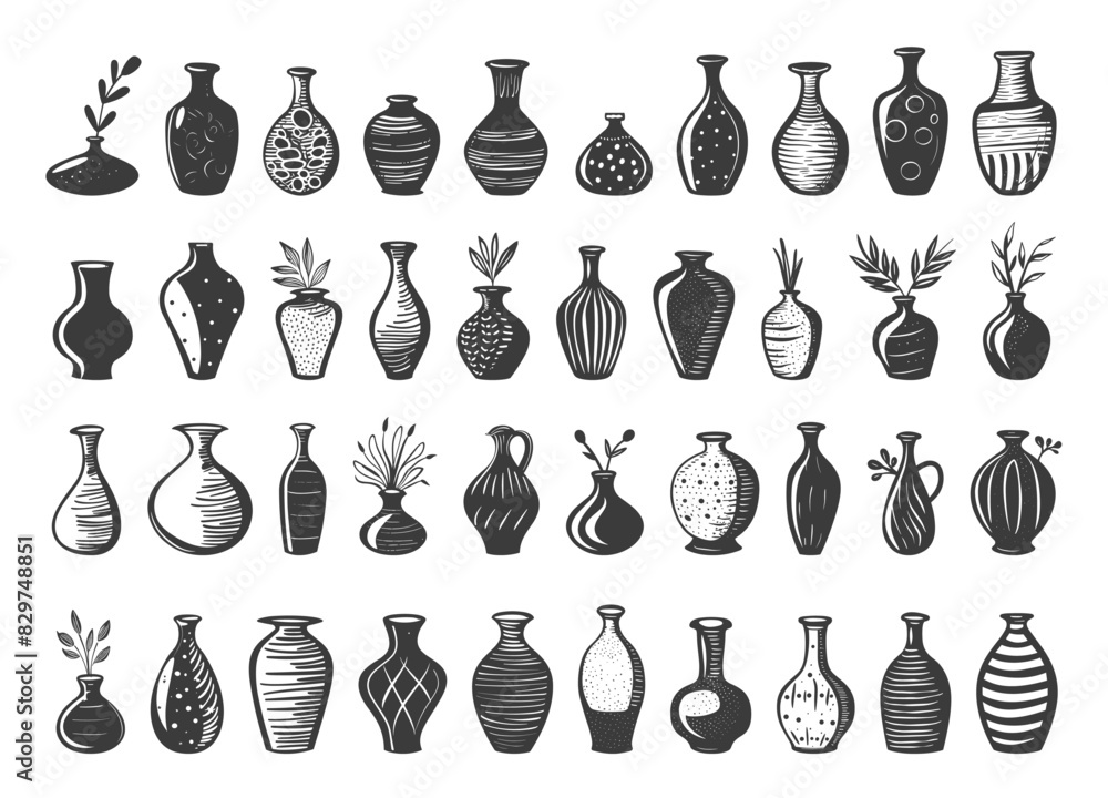Floor Vases. Doodle Style, Hand-Drawn, Simple Black Icons Set. Ceramic, Pottery, Decor, Decoration, Interior, Home, Design, Ornament, Flower, Plant, Tall, Elegant, Vintage, Sketch, Drawing Floor Vases. Doodle Style, Hand-Drawn, Simple Black Icons Set. Ceramic, Pottery, Decor, Decoration, Interior, Home, Design, Ornament, Flower, Plant, Tall, Elegant, Vintage, Sketch, Drawing