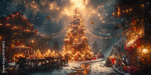 A Christmas tree stands in a snowy village during winter New Year