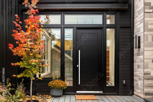 Contemporary front entrance door: black fiberglass single door with sidelite, perfect for modern home entryways photo