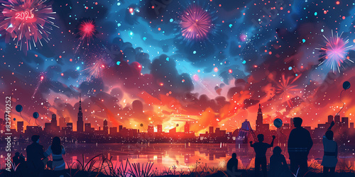 Vibrant painting of a group of individuals gazing up at colorful fireworks bursting in the night sky New Year