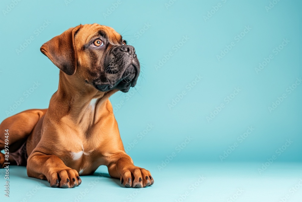 Obraz premium Full body studio portrait of a beautiful dog. The dog is lying down and looking up over a background of pastel shades, radiating charm and playfulness.