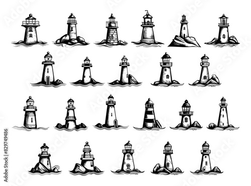 Lighthouses. Doodle Style, Hand-Drawn, Simple Black Icons Set. Lighthouse, Beacon, Maritime, Nautical, Navigation, Coast, Sea, Ocean, Harbor, Signal, Tower, Structure, Hand Drawn, Sketch, Drawing