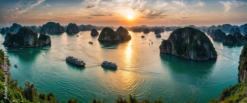 Panorama view of Halong Bay, north Vietnam in sunset photo