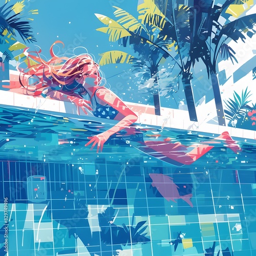 swimming in the pool, woman with long wavy red hair wearing a pink and blue pastel neon suit floating underwater, which in Generate AI