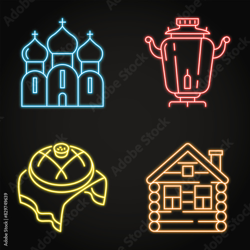 Russia traditional symbols neon icon set