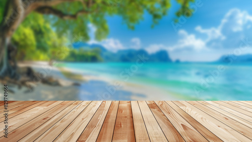 Wooden table set against a blurred background of a sunny tropical sand beach in summer, featuring beautiful coconut palm trees. Copy space for summer product displays and presentations on the table.