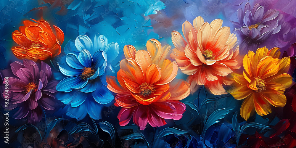 Colorful flowers painted in acrylic on a black canvas Colorful flowers painted in acrylic on a black canvas
