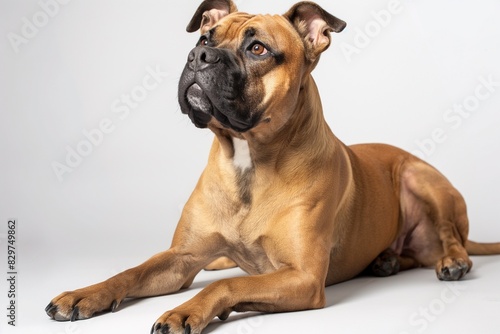 Full body studio portrait of a beautiful dog. The dog is lying down and looking up over a background of pastel shades  radiating charm and playfulness.