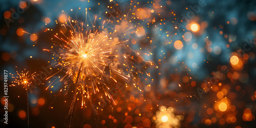 A detailed view of colorful fireworks bursting with blurred lights in the background New Year