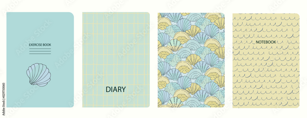 Set of cover page templates with hand drawn shells, sands and waves ...