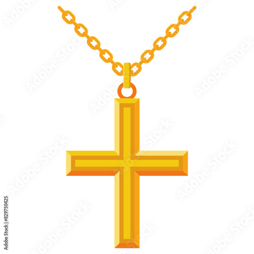 Gold cross necklace vector cartoon illustration isolated on a white background.