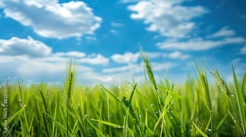 a beautiful green wheat field under a blue sky with fluffy white clouds in the background. a beautiful green wheat field under a blue sky with fluffy white clouds in the background.