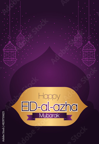 Islamic religious fastival, happy eid-al-adha vector poster template with traditional lanterns, Eid-al-adha flat style vertical poster template design.