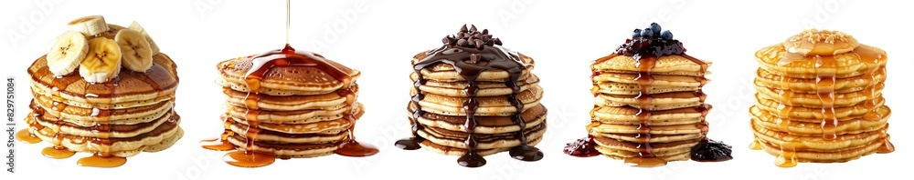 Delicious pancake stack set with various toppings png, including chocolate, banana, mapple syrup, blueberry jam, honey and caramel, isolated on white or transparent background hd, collection bundle Delicious pancake stack set with various toppings png, including chocolate, banana, mapple syrup, blueberry jam, honey and caramel, isolated on white or transparent background hd, collection bundle