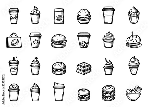 Takeaway Food, Fast Food, Snacks, Street Food. Doodle Style, Hand-Drawn, Simple Black Icons Set. Burger, Pizza, Hot Dog, Taco, Sandwich, Fries, Drink, Shawarma, Hand Drawn, Sketch, Drawing, Low