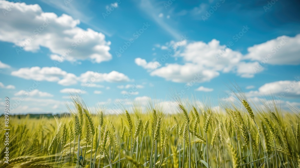 a beautiful green wheat field under a blue sky with fluffy white clouds in the background. a beautiful green wheat field under a blue sky with fluffy white clouds in the background.