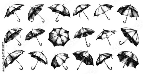 Umbrellas. Doodle Style, Hand-Drawn, Simple Black Icons Set. Umbrella, Rain, Weather, Protection, Rainy Day, Parasol, Hand Drawn, Sketch, Drawing, Low Details, Black Icons, White Background