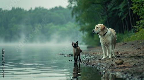 Harmony at the Shore: Dog and Cat by the Lake