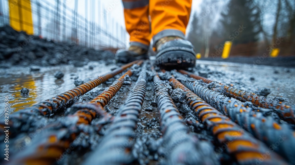 Steel rebar, meticulously arranged on a bustling construction site, await their crucial role in reinforcing urban structures, symbolizing unseen strength. Steel rebar, meticulously arranged on a bustling construction site, await their crucial role in reinforcing urban structures, symbolizing unseen strength.