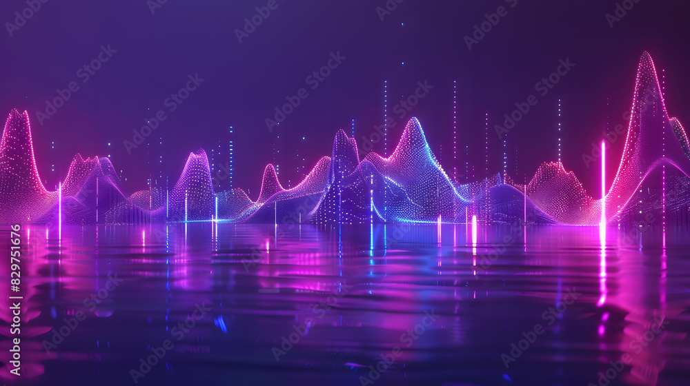 3d render, abstract panoramic background, neon light, laser show, impulse, equalizer chart, ultraviolet spectrum, pulse power lines, quantum energy impulse, pink blue violet glowing. Generative AI. 3d render, abstract panoramic background, neon light, laser show, impulse, equalizer chart, ultraviolet spectrum, pulse power lines, quantum energy impulse, pink blue violet glowing. Generative AI.