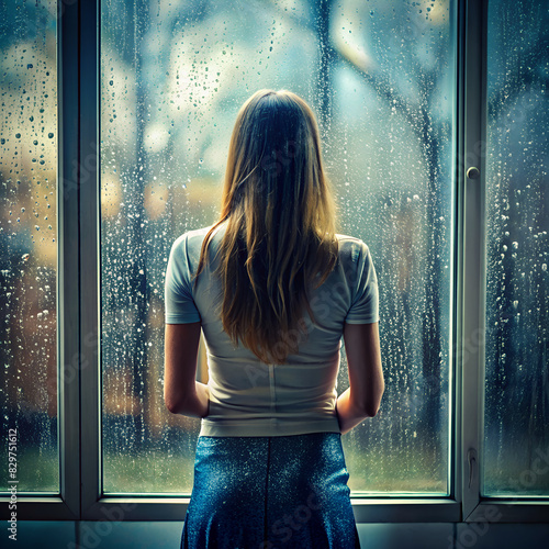 Junge Frau steht alleine in Gedanken am Fenster bei Regenwetter - Angst, Probleme, Depressionen und Einsamkeit - AI generiert photo