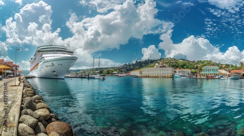 Panorama of Saint George's harbour on Grenada Island with cruise ship by the jetty photo