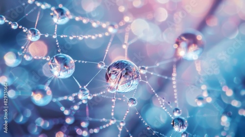 A macro shot of water droplets on a spider's web, glistening like diamonds in the soft morning light. photo