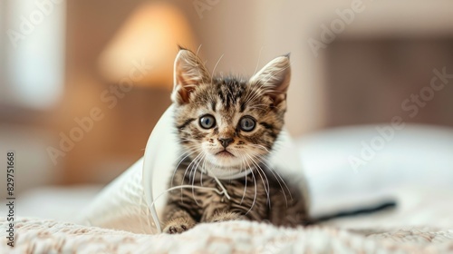 A kitten wearing a cone collar after surgery