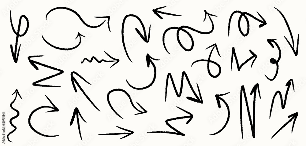 Hand drawn various curved lines and arrow curls. Drawing with a marker, different arrows in pen. Set of flat vector icons. Outline direction signs. Graffiti squiggle doodle. Hand drawn various curved lines and arrow curls. Drawing with a marker, different arrows in pen. Set of flat vector icons. Outline direction signs. Graffiti squiggle doodle.
