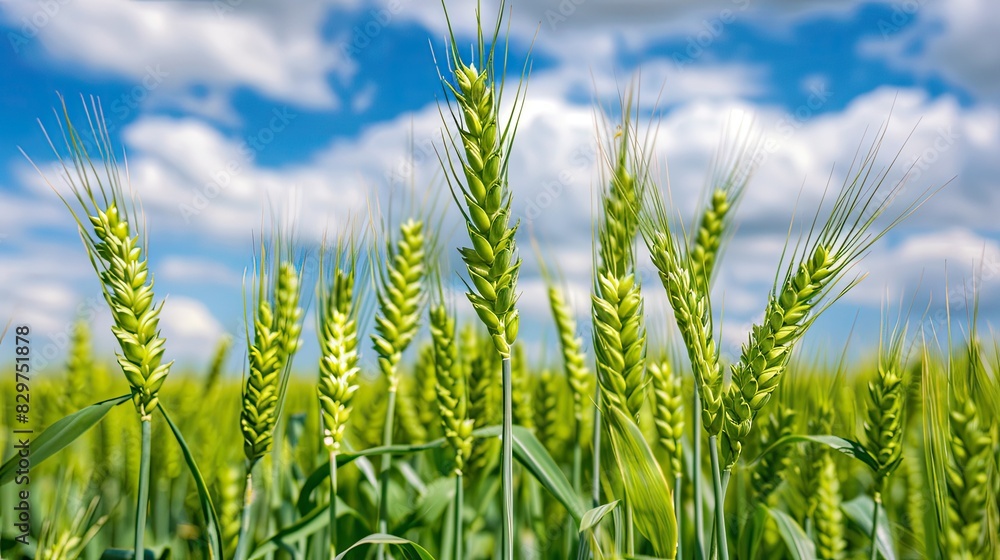 a beautiful green wheat field under a blue sky with fluffy white clouds in the background. a beautiful green wheat field under a blue sky with fluffy white clouds in the background.