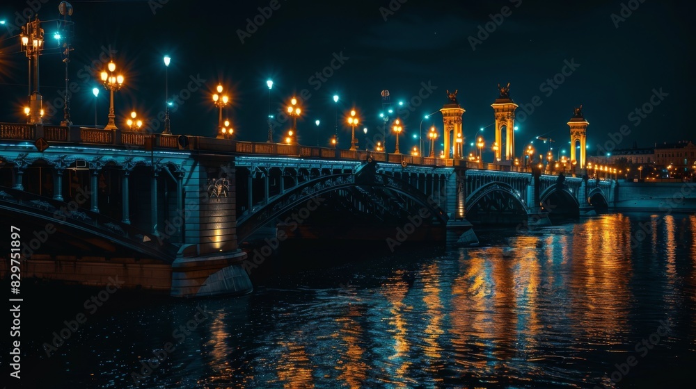 A majestic bridge at night with streetlights illuminating its structure, casting long reflections on the river.
