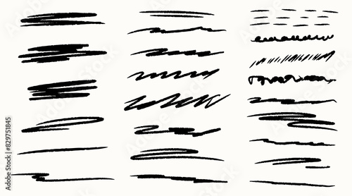 Hand drawn various curved lines. Drawing with a marker, Grunge scrawls, charcoal scribbles, brush strokes. Set of graffiti abstract shapes and curves. Graffiti squiggle doodle.