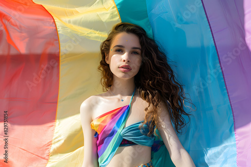 Young transgender woman with make up standing against LGBTQ flag. Happy pride month.