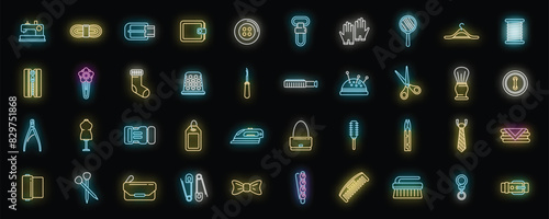 Haberdashery icons set outline vector. Textile roll. Fabric sewing neon color on black