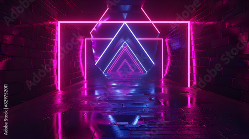 3d render. Geometric figure in neon light against a dark tunnel. Laser glow. Generative AI.