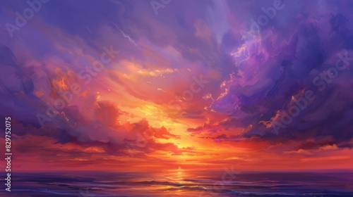 A majestic sunrise over a tranquil ocean, with fiery clouds painting the sky in shades of orange, pink, and purple.