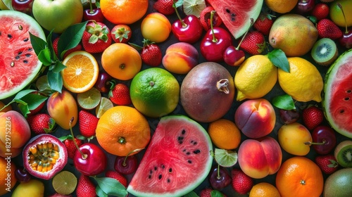 Imagen de muchas frutas juntas que llenan toda la imagen  sand  a  melocot  n  lim  n  maracuy    cereza  mandarina y mango  junto con una vista superior. 
