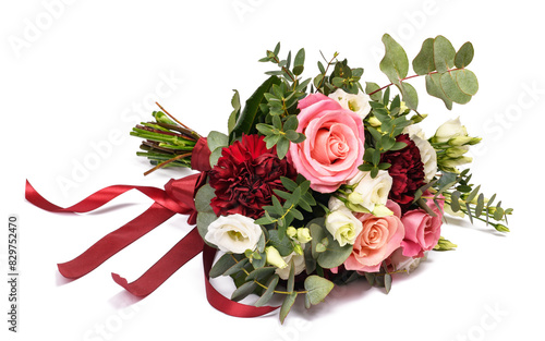 Flowers bouquet with red ribbon