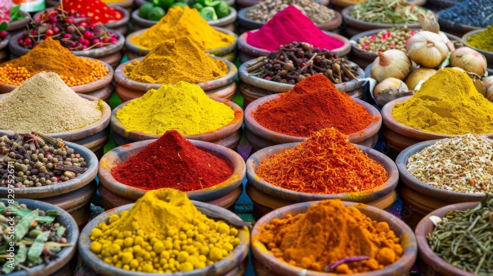 A market stall displaying a variety of fresh Indian spices in vibrant colors, neatly arranged in bowls. A market stall displaying a variety of fresh Indian spices in vibrant colors, neatly arranged in bowls.