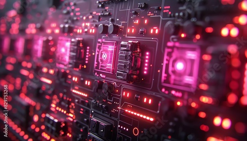 Close up of a futuristic circuit board with glowing red lights.