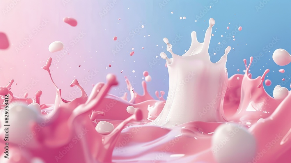 A splash of pink and white milk is splattered across the screen. The splash is made up of many small bubbles, and the milk is spread out in a way that looks like it's been splashed onto a surface A splash of pink and white milk is splattered across the screen. The splash is made up of many small bubbles, and the milk is spread out in a way that looks like it's been splashed onto a surface